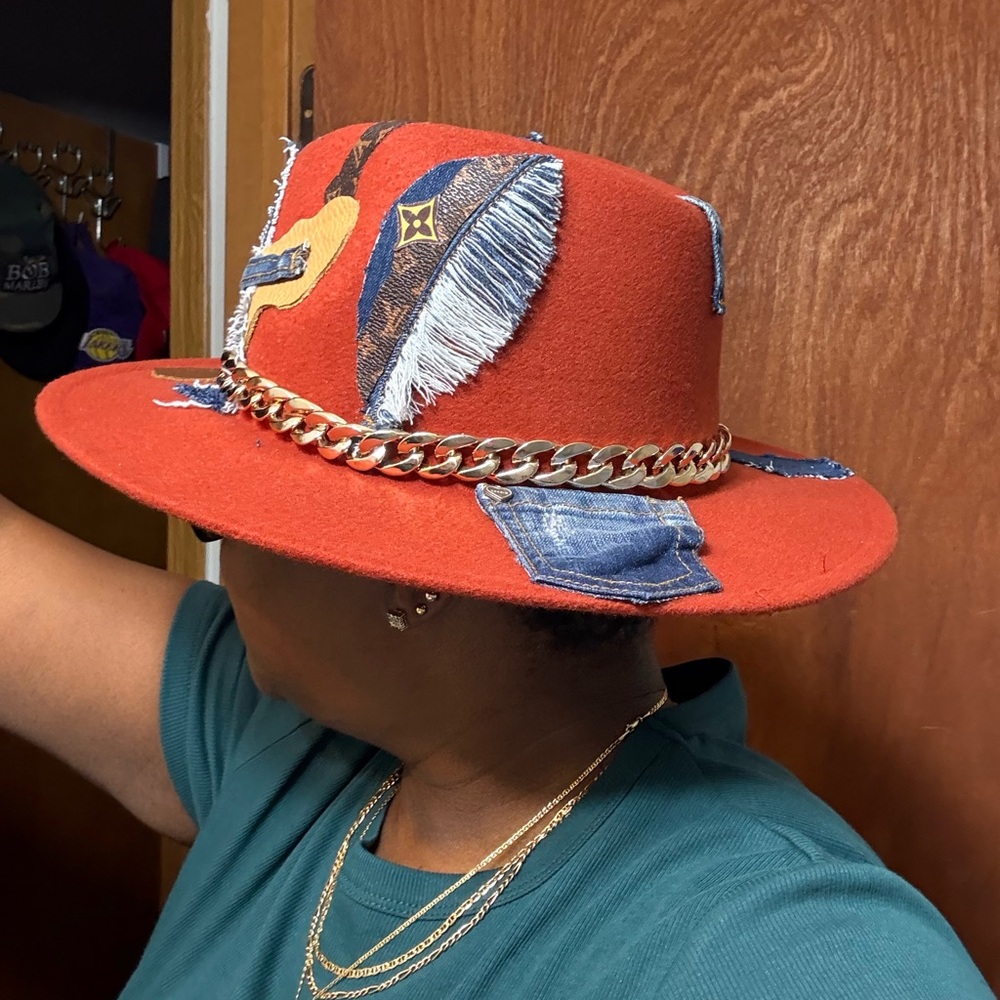 Red Patchwork Fedora With Chain Detail - image 6